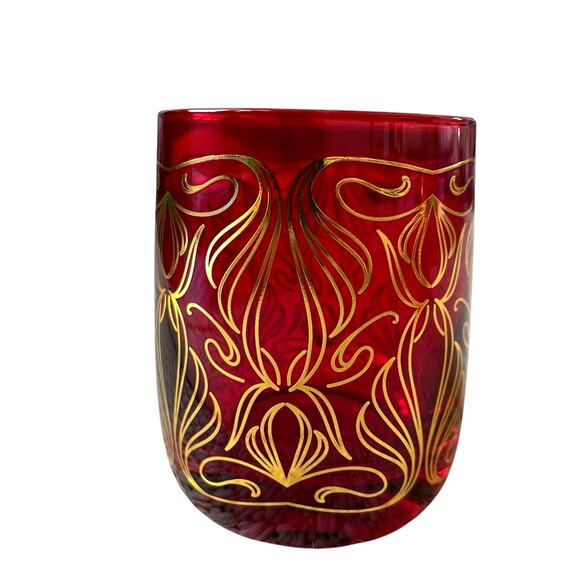 Neiman Marcus Holiday Red Gold Double Old Fashion Glass 4 Gift Box Prism Luster - Picture 15 of 16